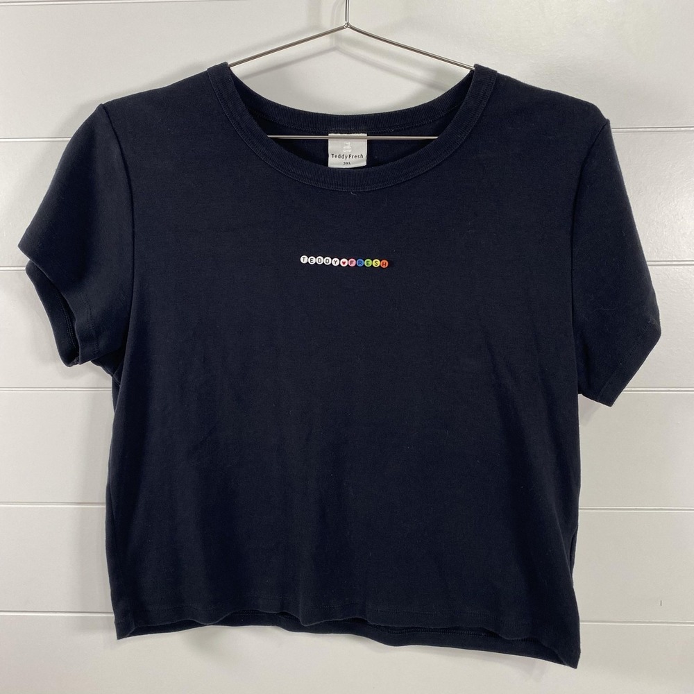 Teddy Fresh Shirt Womens 3XL Black Beaded Logo Short Sleeve Crop Top Bear Patch